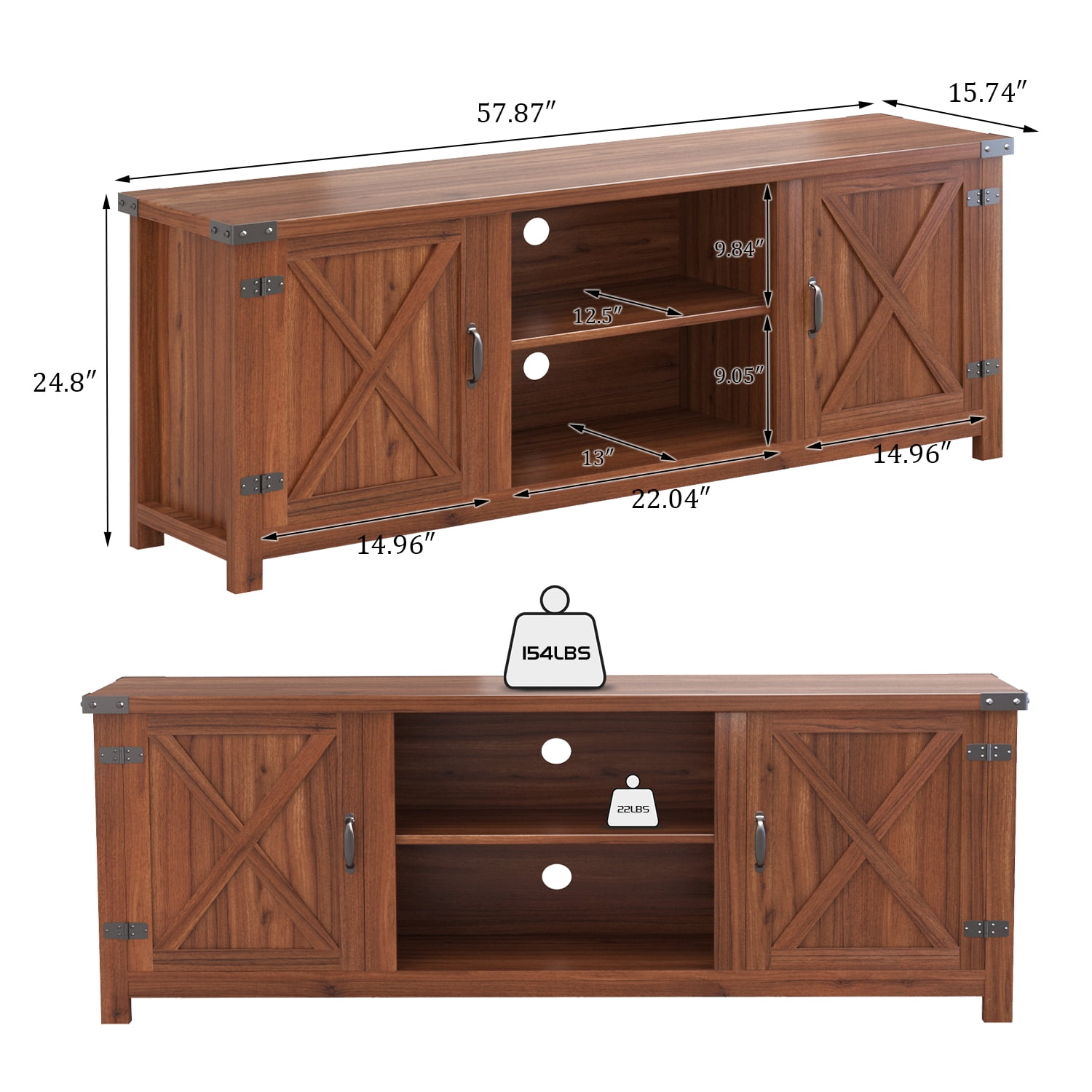 Vineego Farmhouse Barn Two-Door Tv Stand for TVs up to 65", Rustic Brown