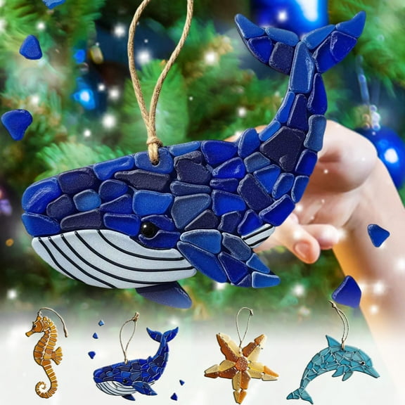 2025 New Sea Glass Christmas Ornament, Blue Whale/Dolphin/Seahorse/Starfish Acrylic Handmade Ornament, Sea Glass Christmas Tree Ornament, Gifts for Sea Lovers, Xmas, Party