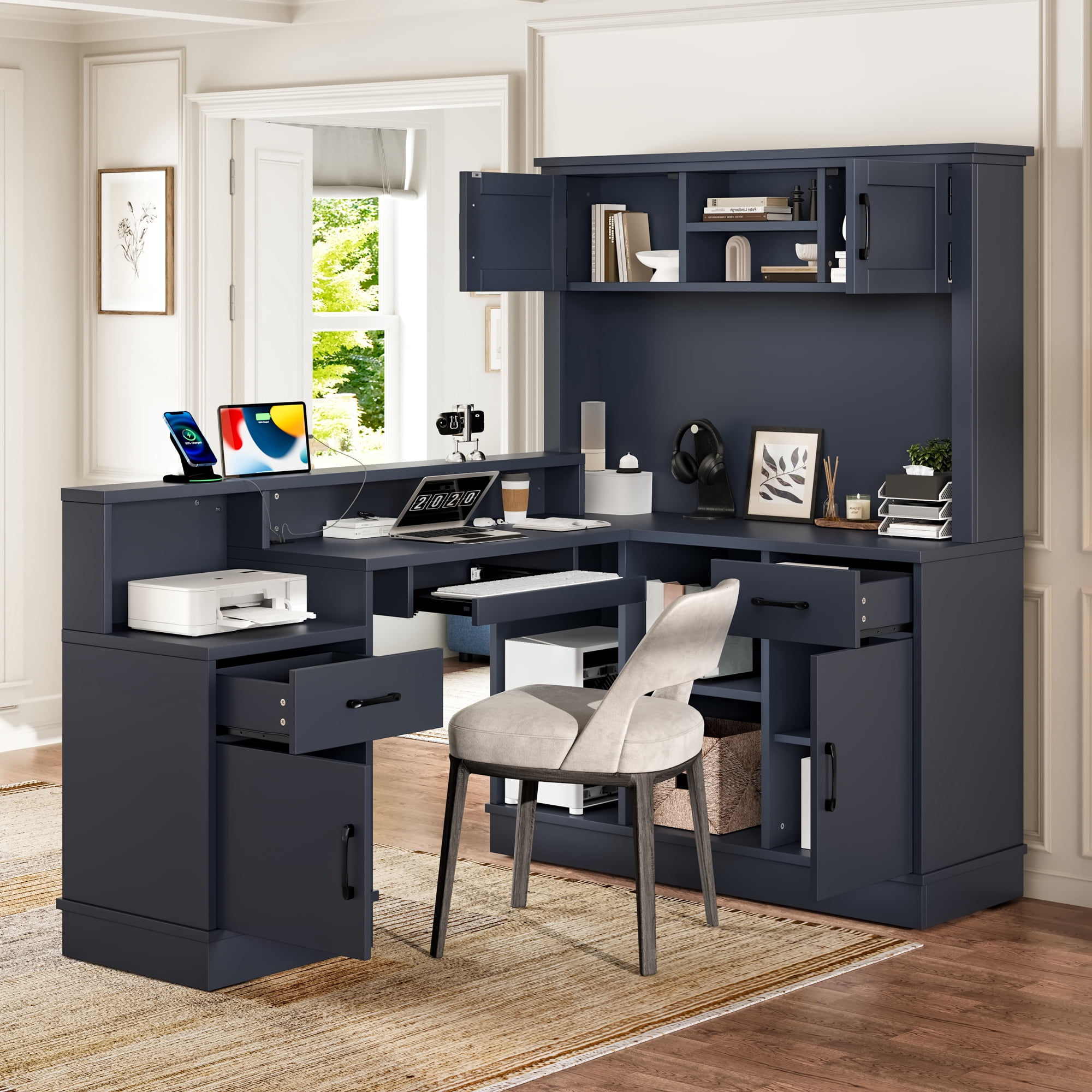 Newest Modern L-Shaped Desk with Built-in Outlet & Storage, 4-Cabinet 2-Drawer Computer Desk for Home Office, Blue