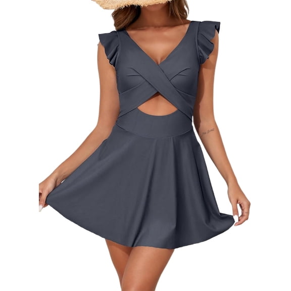 SMZ Women's One Piece Swimsuit Ruffle Cutout Swimdress Tummy Control V Neck Wrap Swimwear