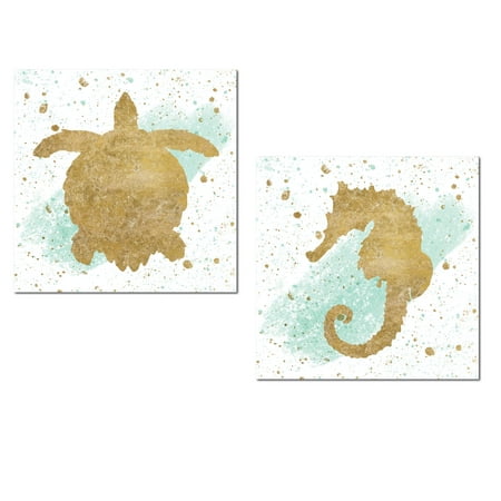 Lovely Turtle - Lovely Nautical Gold Splatter and Teal Watercolor-Style Turtle and Seahorse Ocean Set by Wild Apple Portfolio; Coastal Decor; Two 12x12in Unframed Paper Posters