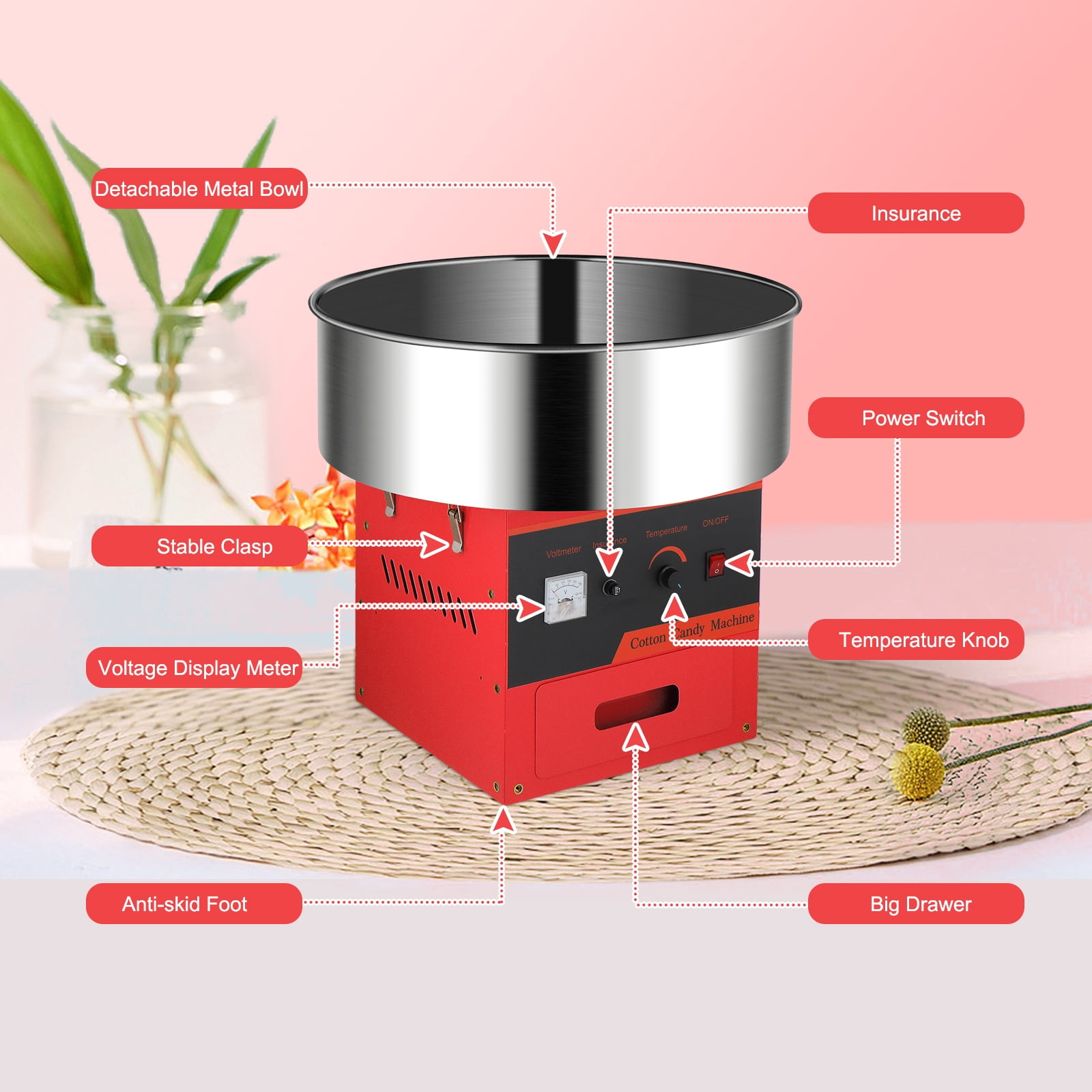 ROVSUN Cotton Candy Machine Maker 21 Inch Stainless Steel Bowl, Electric Candy Floss Maker Machine w/Sugar Scoop and Large Storage Drawer for Commercial Home Party Carnival, Red