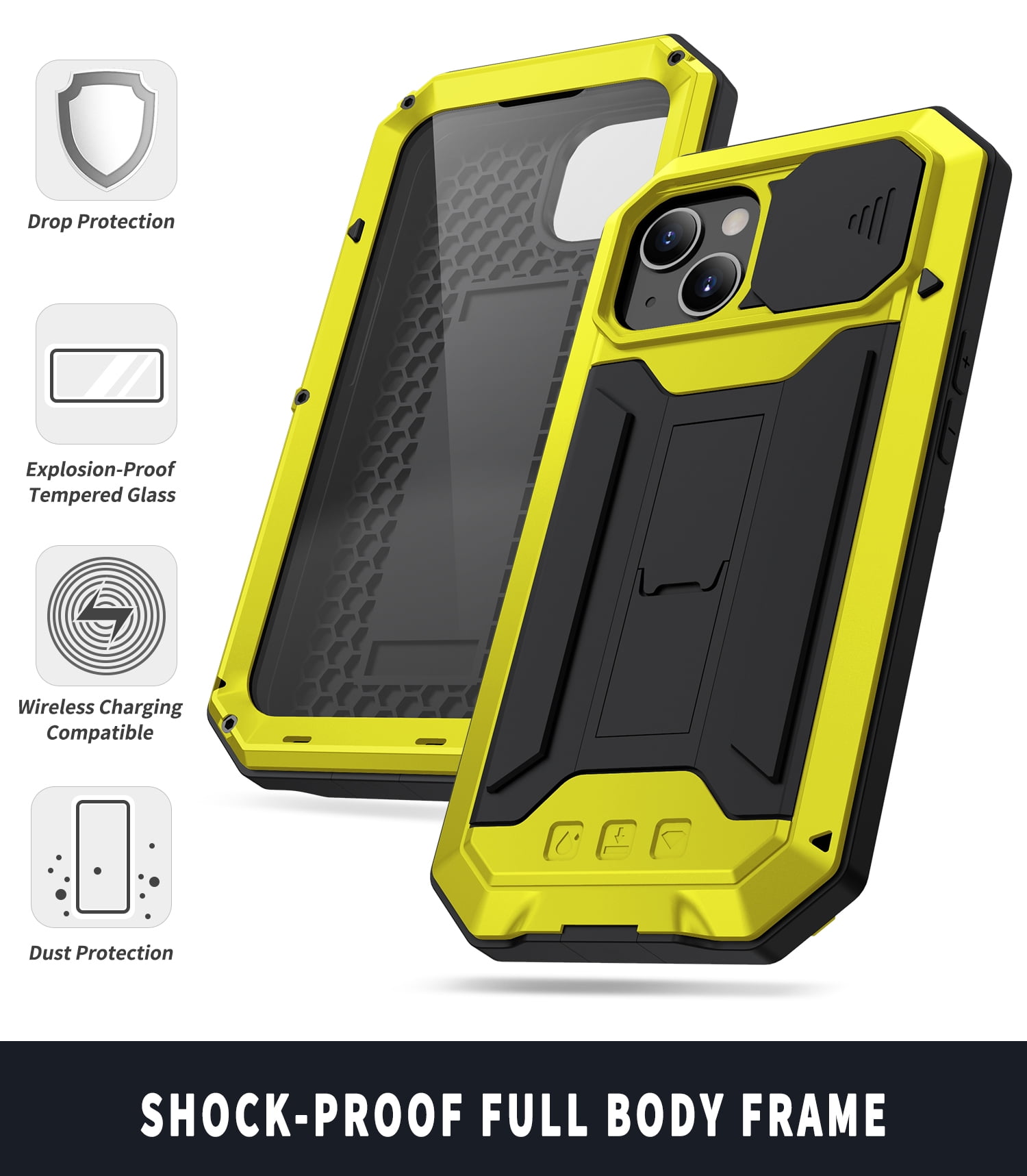 Compatible with iPhone 13 Case with Built-in Glass Screen Protector, Allytech Full Body Shockproof Life Waterproof Kickstand Slide Camera Lens Protective Case for iPhone 13 5G 6.1" 2021, Yellow