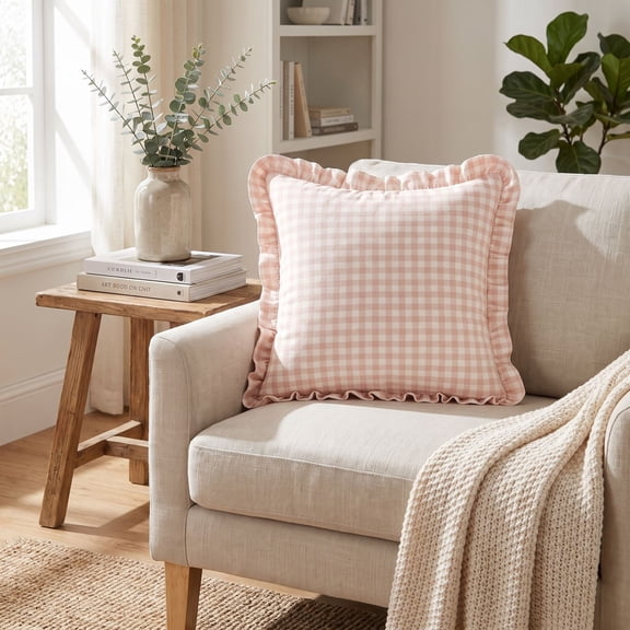 Throw Pillow Gingham Ruffled Square Cushion Decor Supply For Sofa And Bedroom Layout