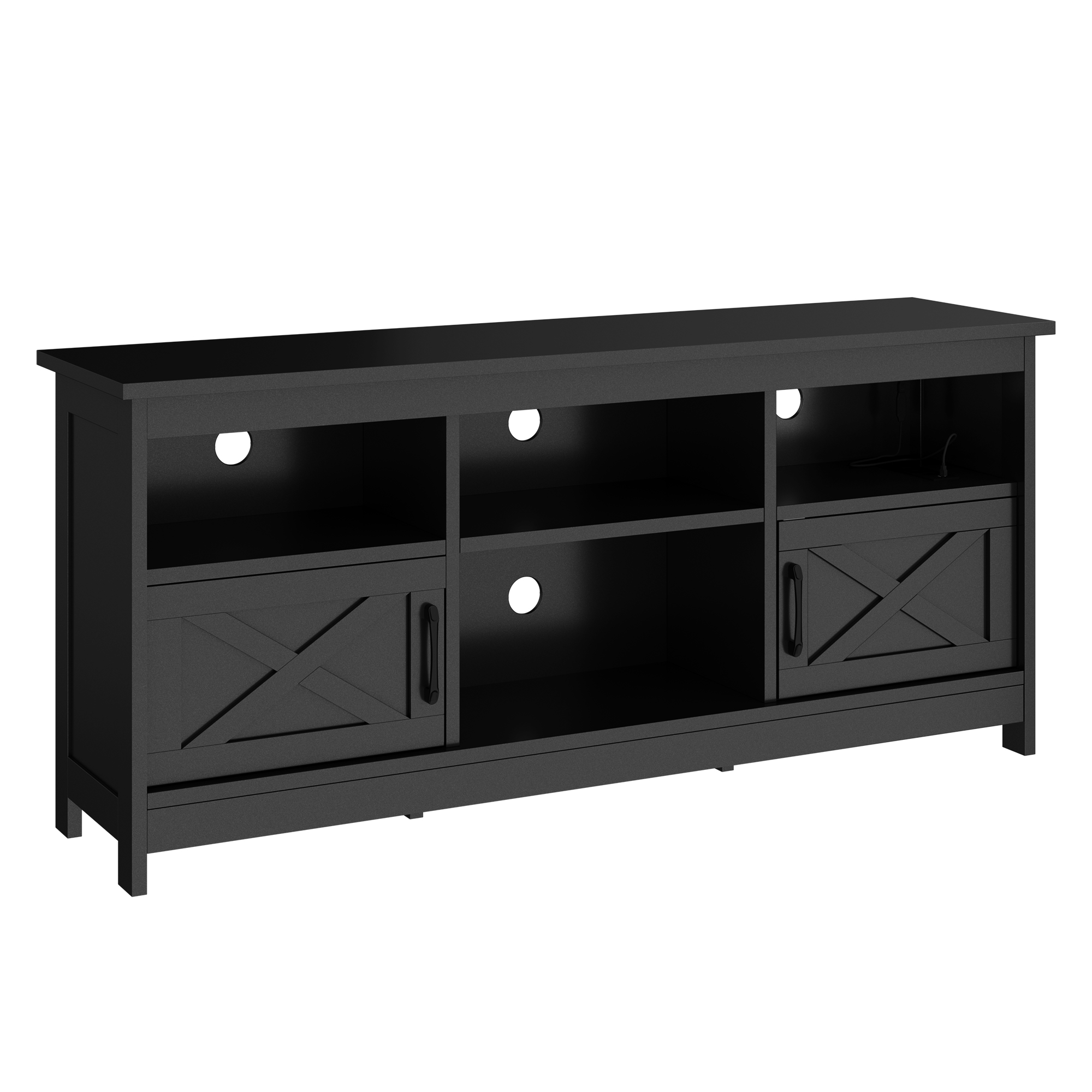 ModFusion 65" Black TV Stand with RGB LED Lights, Power Outlet, Adjustable Shelf & 4 Open Cabinets, Remote & App Control