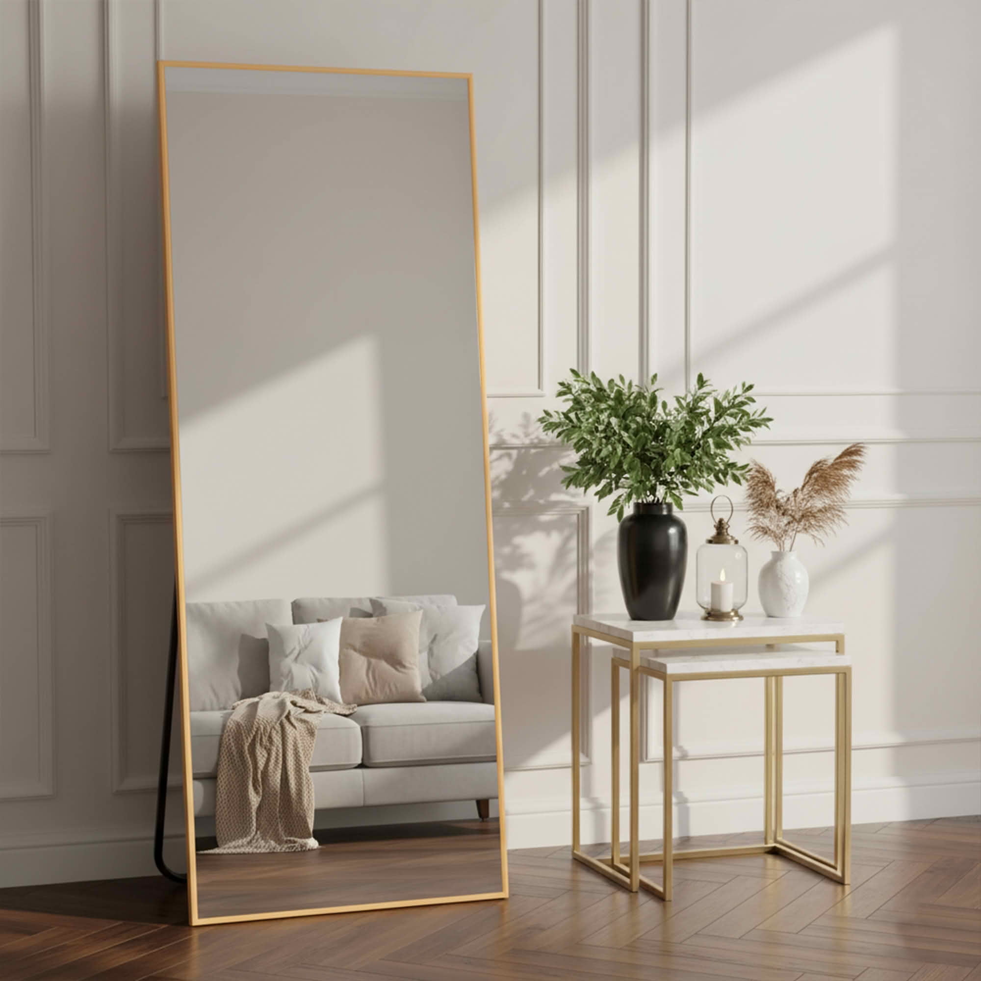 MAYEERTY 57x20in Aluminum Full-Length Mirror, Right Angle Tempered Glass With Stand, Gold