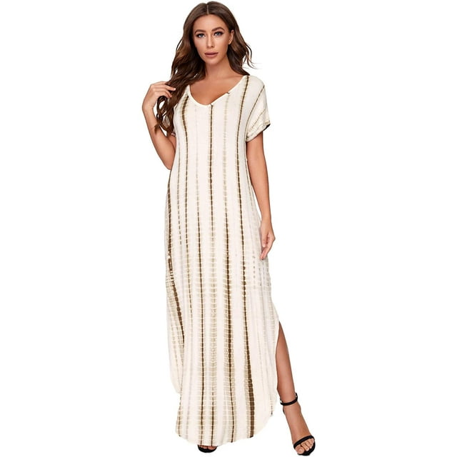 Women's V Neck Side Pockets Split Hem Beach Long Maxi Dress