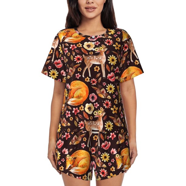 Fotbe Woodland Creatures Floral Conjunto de Pijama Estampado para Mujer, 2 Piezas, Ropa de Dormir con Camiseta de Manga Corta y Shorts Suaves-X-Large