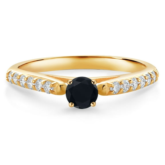 Gem Stone King 10K Yellow Gold Black Onyx and White Lab Grown Diamond Engagement Ring for Women (0.31 Cttw, Gemstone December Birthstone, Round 3.5MM, Size 6)