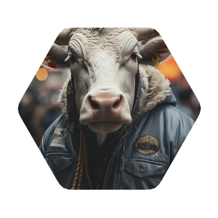 

Cauagu Surrealist Cow for Round Coaster Drink Coasters Set of 4 Leather Bar Beer Beverage Cup Mat for Drinks for Tabletop Protection & Coffee Table Decor