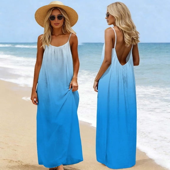 Mifsaly Gradient Backless Dresses Women Spaghetti Strap Flowy Dress Lightweight Flowy Beach Cover Summer Vacation Beach Sundresses XXXL