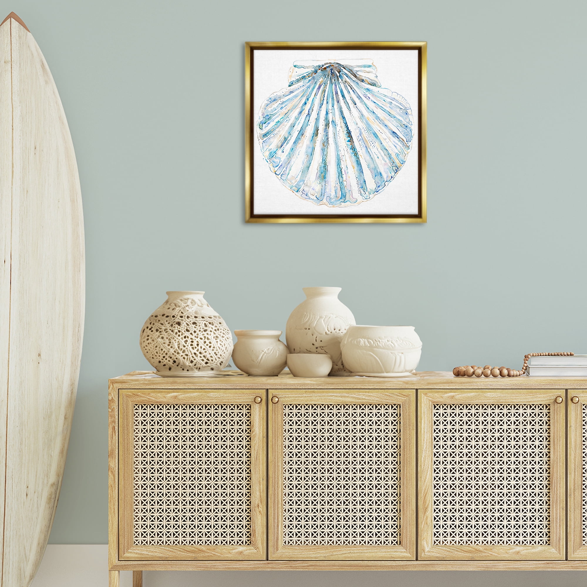 Stupell Industries Clam Shell on White Coastal Painting Gold Floater Framed Canvas Art Print Wall Art, 25 x 25