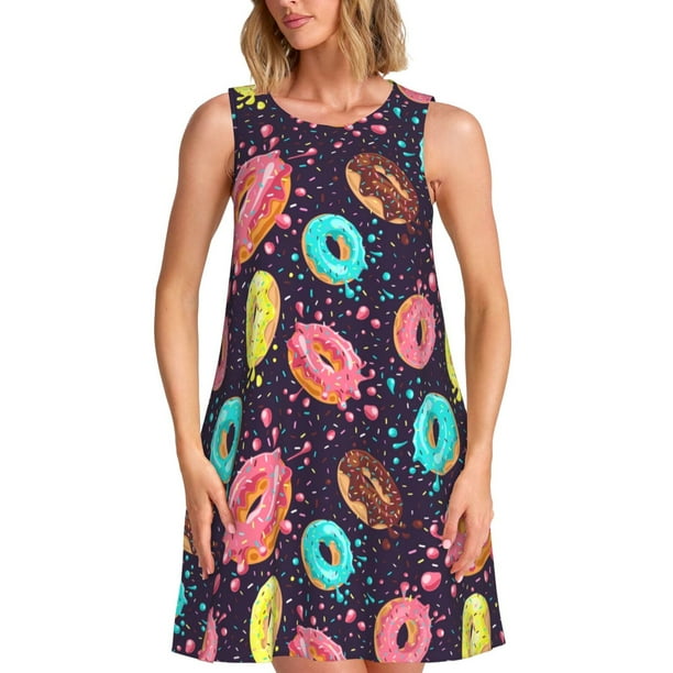 Balery Donuts1 Vestidos de verano para mujer con estampado: vestido holgado sin mangas, vestido playero informal y cómodo para días calurosos.