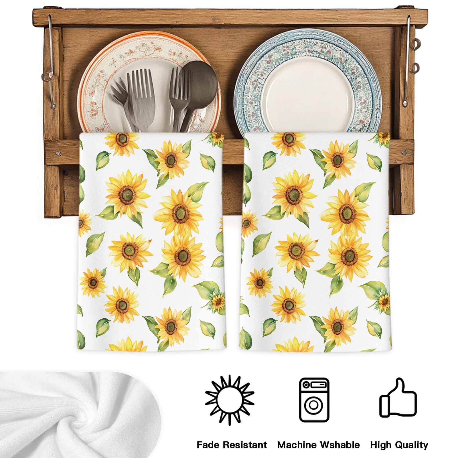 Summer Sunflowers Kitchen Towels Set of 2, Watercolor Botanical Floral Leaves Absorbent Dish Towels for Kitchen, Microfiber Hand Towel, Quick Drying Tea Towel for Cleaning Decorative Dishcloths