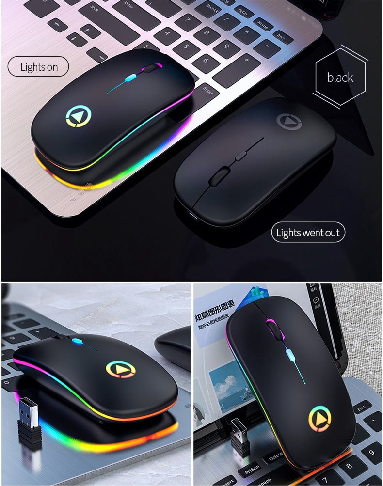 YinDiao A2 Rechargeable Silent Wireless Mouse, Dual Mode Bluetooth & 2.4G, RGB Breathing Light, Ergonomic Quiet Click Mice for Laptop, PC, Computer, Office and Home (Black)