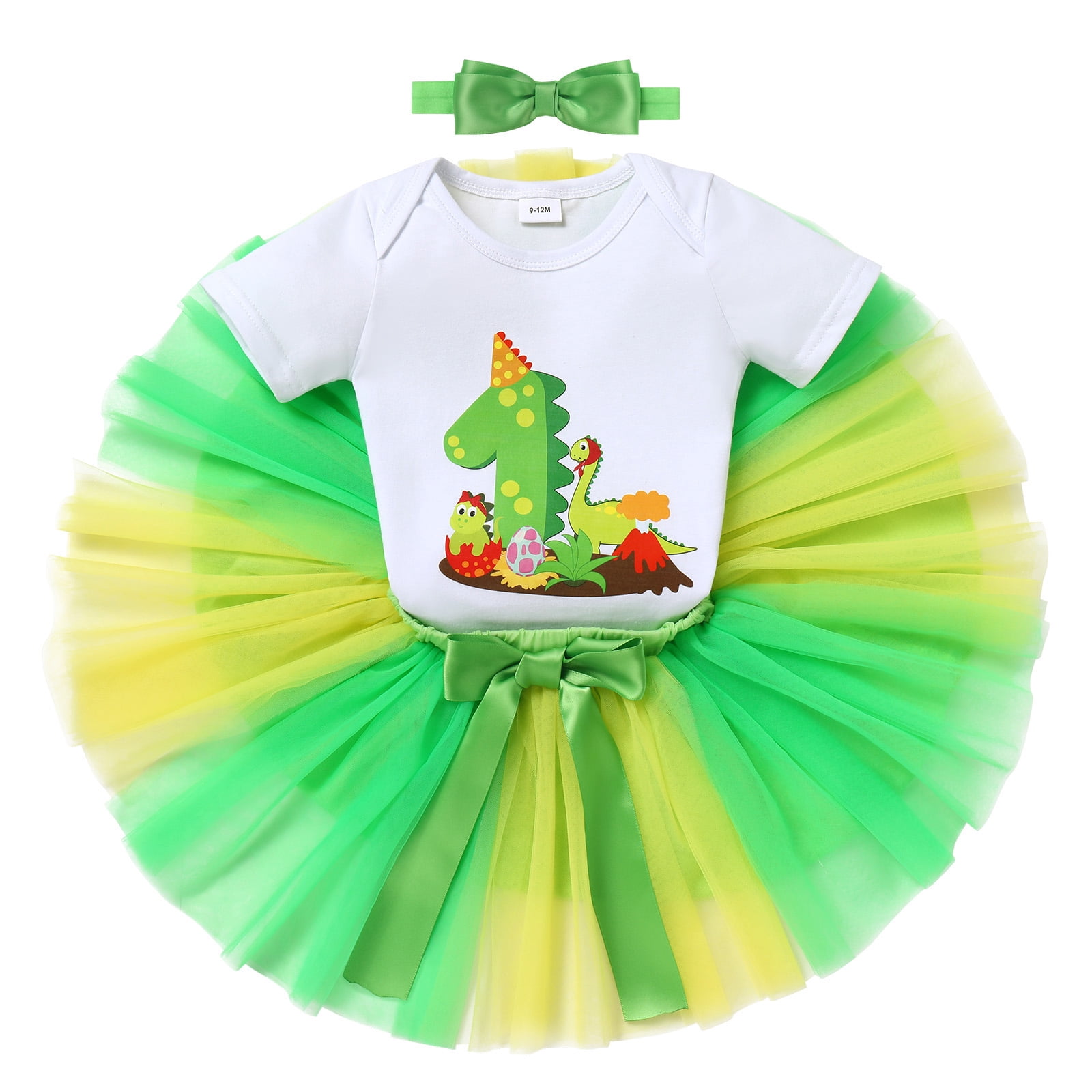 IBTOM CASTLE Infant Baby Girls Dinosaur Themed Party 1st Birthday Outfit Princess Romper + Tutu Skirt + Headband Clothes Set for Photo Shoot 1 Year Green