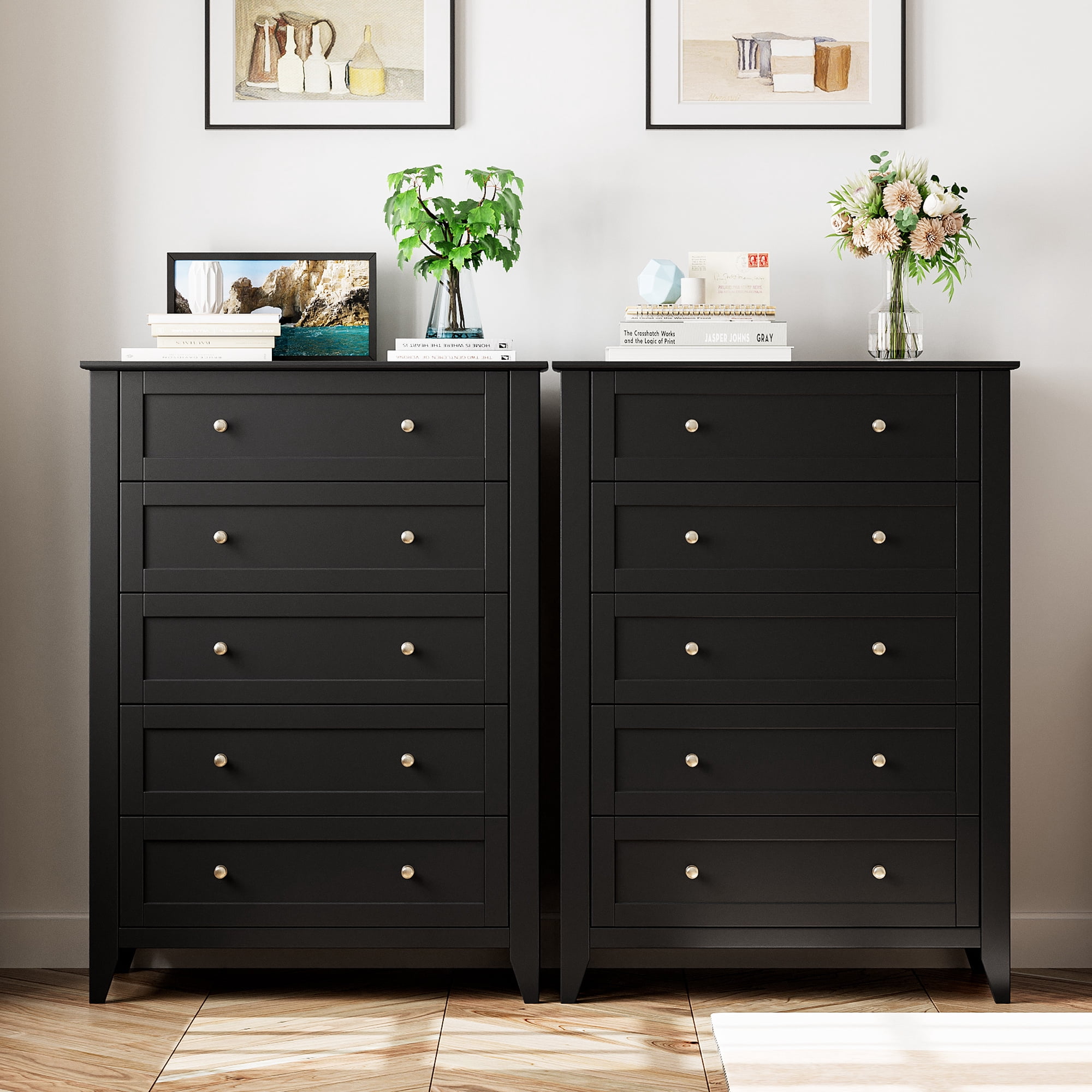 black 5 drawer dresser walmart Modern 5 Drawers Dresser for Bedroom, Tall Wood Chest of Drawers, Big  Storage Dressers Organizer with Metal Handles, Living Room,Closet,Hallway, Black