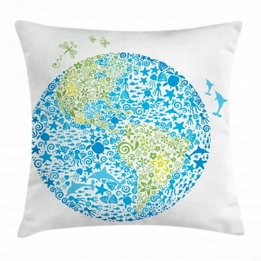 Animals Throw Pillow Cushion Cover, Sketch of Planet Continent and Ocean Designed with Animal Figures for Ecology, Decorative Square Accent Pillow Case, 24 X 24 Inches, Green and Blue, by Ambesonne