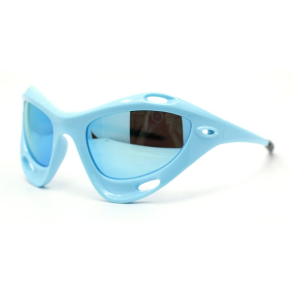 Mens Large Coverage Aerodynamic Vented Thick Plastic Wrap Sport Sunglasses Blue Mirror