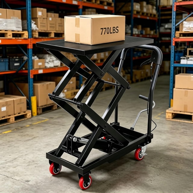 Hydraulic Lift Table Cart 770 lbs Capacity 59 In Double Scissor Lift Table with Non-Slip Platform and Locking Wheels for Material Handling Black