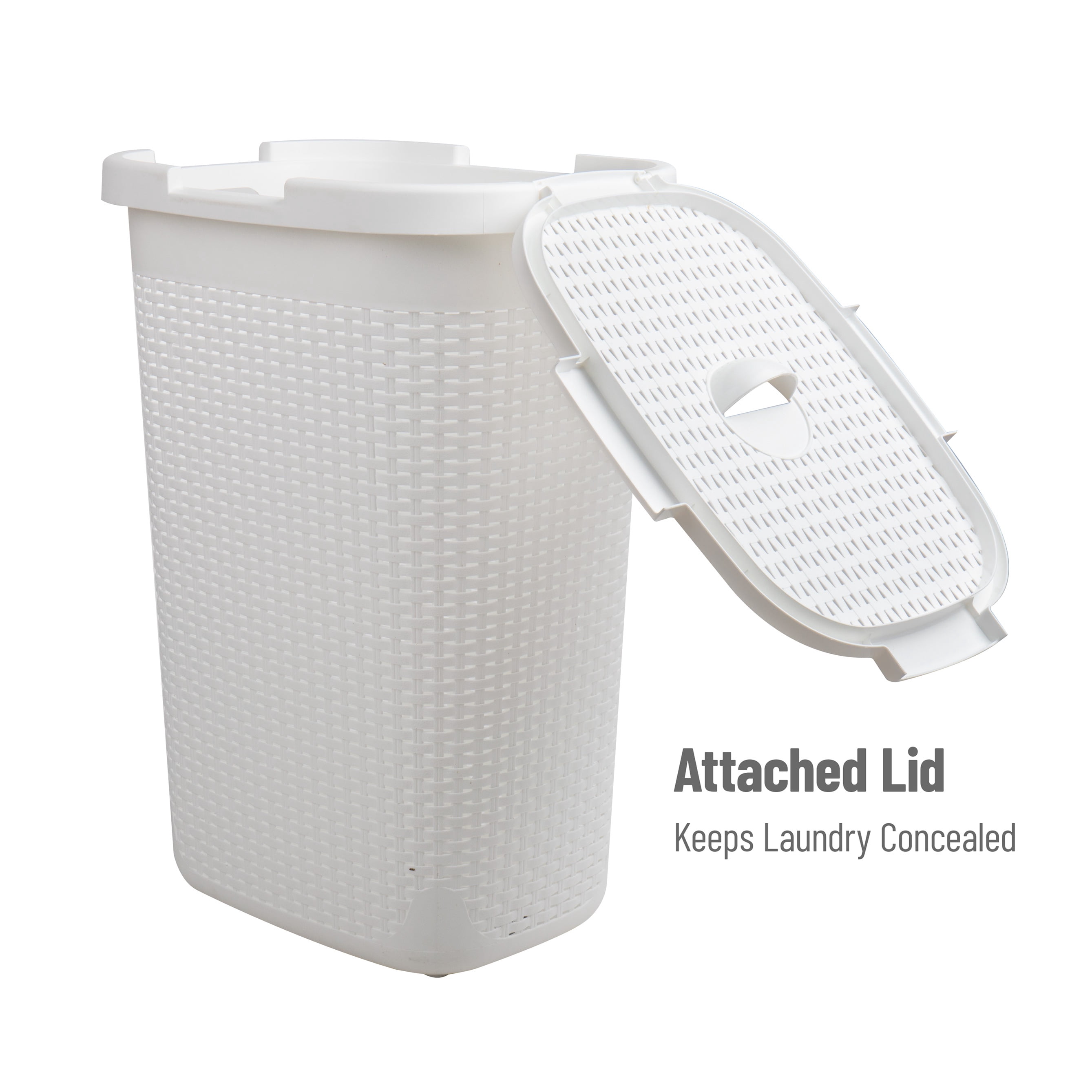 Mind Reader 60L Slim Laundry Hamper, Clothes Basket, Lid, Wicker Design, Plastic, 17.65"L x 13.75"W x 24.15"H, Set of 3, White