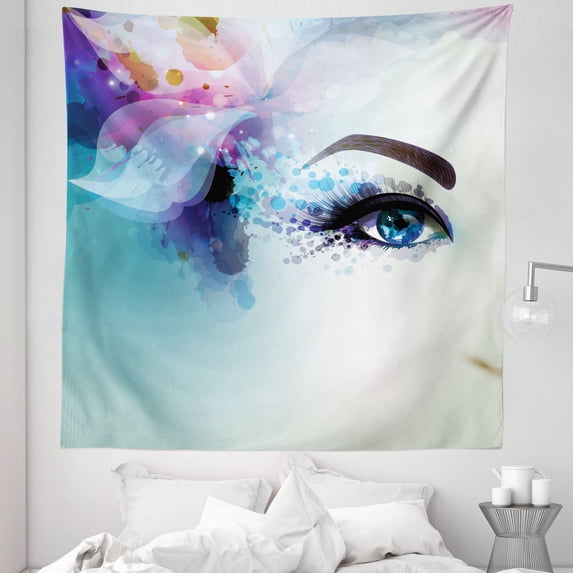Watercolor Tapestry, Digital Artwork of Abstract Woman Close up Face Deep Eyes and Flowers, Fabric Wall Hanging Decor for Bedroom Living Room Dorm, 5 Sizes, Cadet Blue Multicolor, by Ambesonne