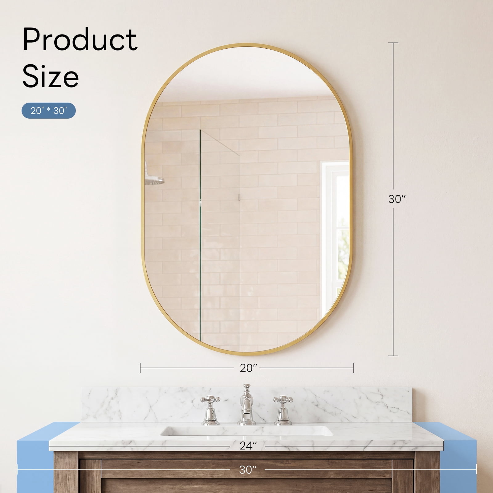 GIANNA 20"x30" Oval Bathroom Mirror – Metal Frame, Elliptical Wall Mirror for Vanity, Gold