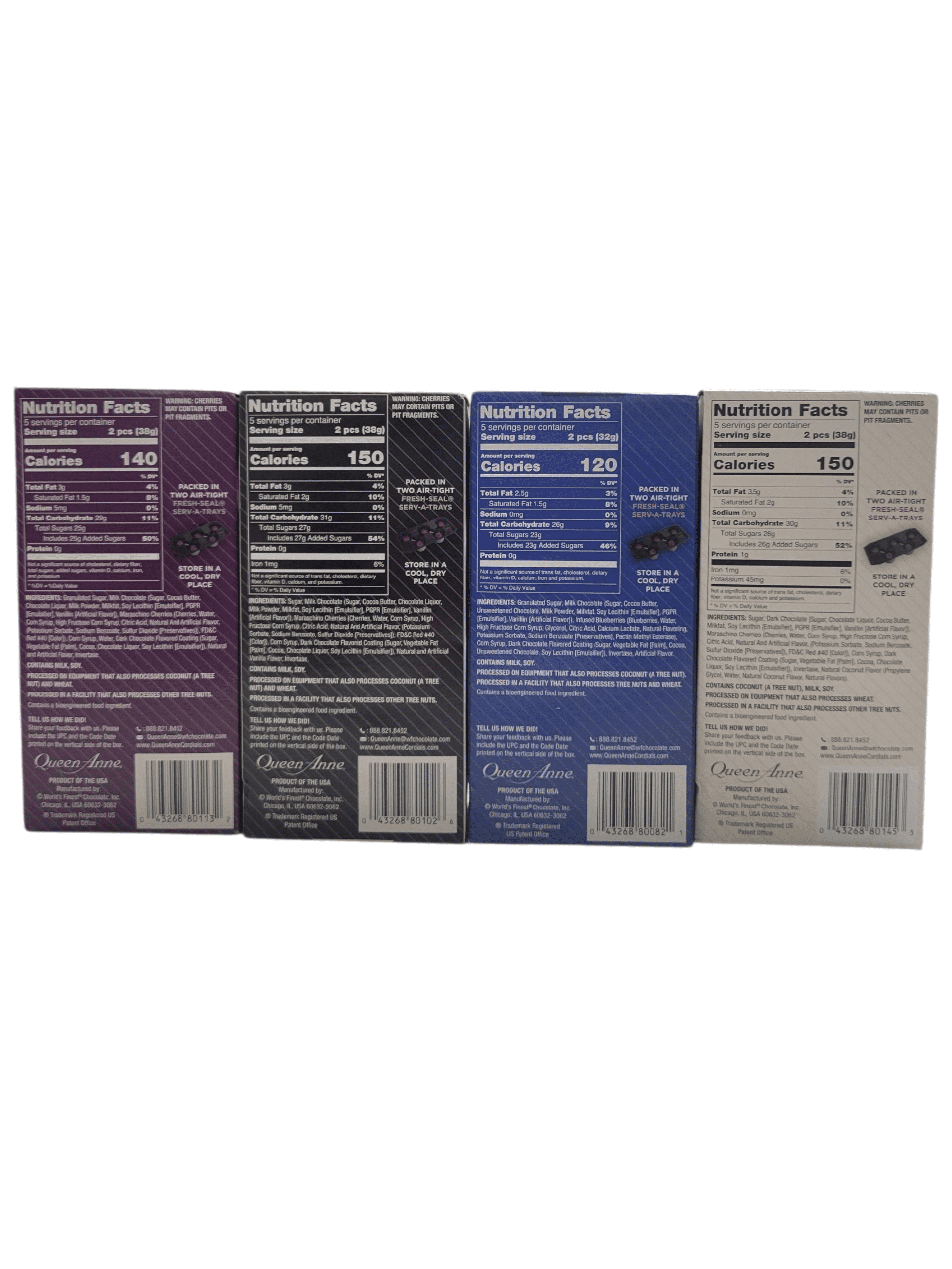 Queen Anne Cordial Blueberries (10 Pieces), and Cordial Cherries in Cherry Cola (10 Pieces), French Vanilla (10 Pieces), and Dark Chocolate with Coconut (10 Pieces)