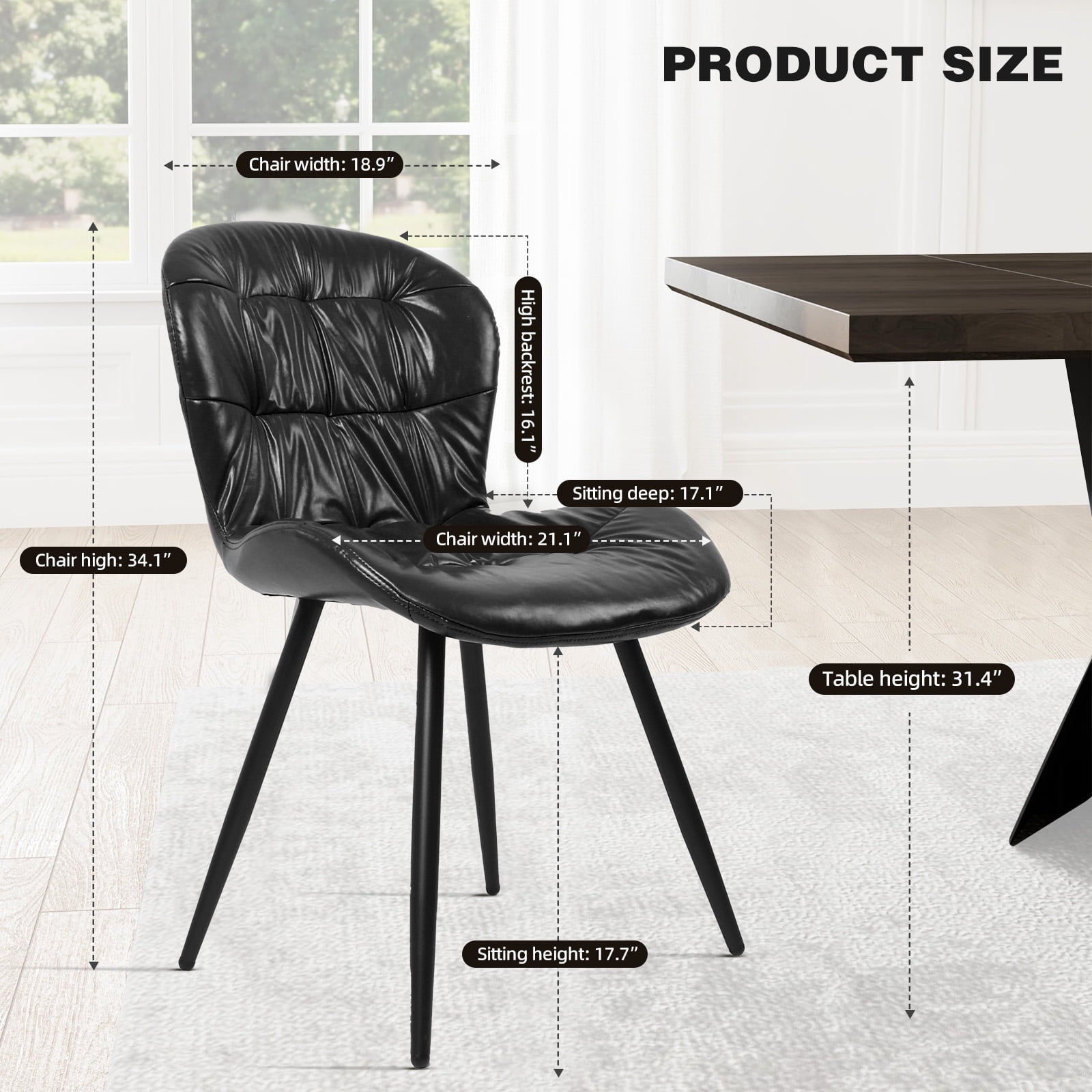 Set of 2 Black Ergonomic Chairs, Polyurethane Faux Leather with Rubberwood Frame, Thick Foam Cushion, Metal Legs, Scratch & Stain Resistant, 300 lbs Capacity
