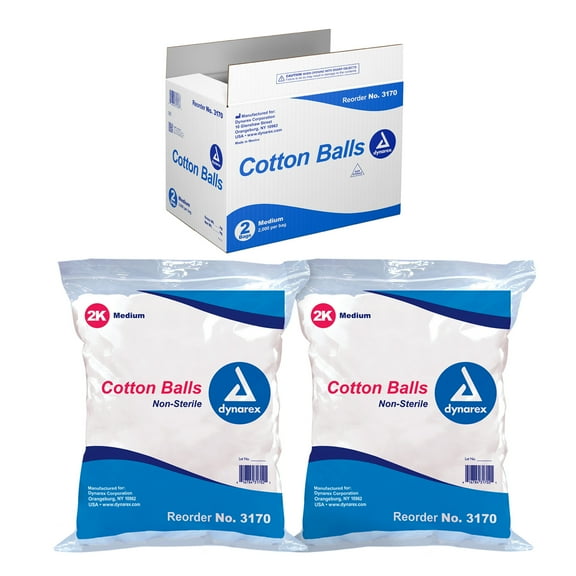 Dynarex Cotton Balls, Non-Sterile, Medium, Latex-Free and Absorbent, For Skin Cleansing, Crafts, & Makeup Remover, 1 Case of 4000 Dynarex Cotton Balls (2 bags of 2000 cotton balls per bag)