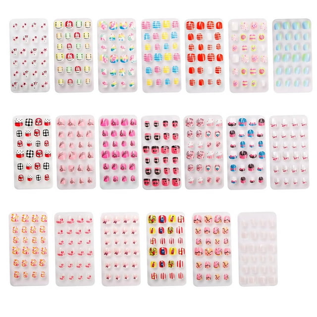 1 Set Artificial Nail Tips Press on Nails for Kids Cartoons Fake Fingernails Short Stickers Full Cover Manicure Kit Decorations PNT-16-14