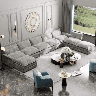 グレーのモジュラーソファ 143.7 '' L-shaped Modular Sectional Couch, Corduroy 6-seater