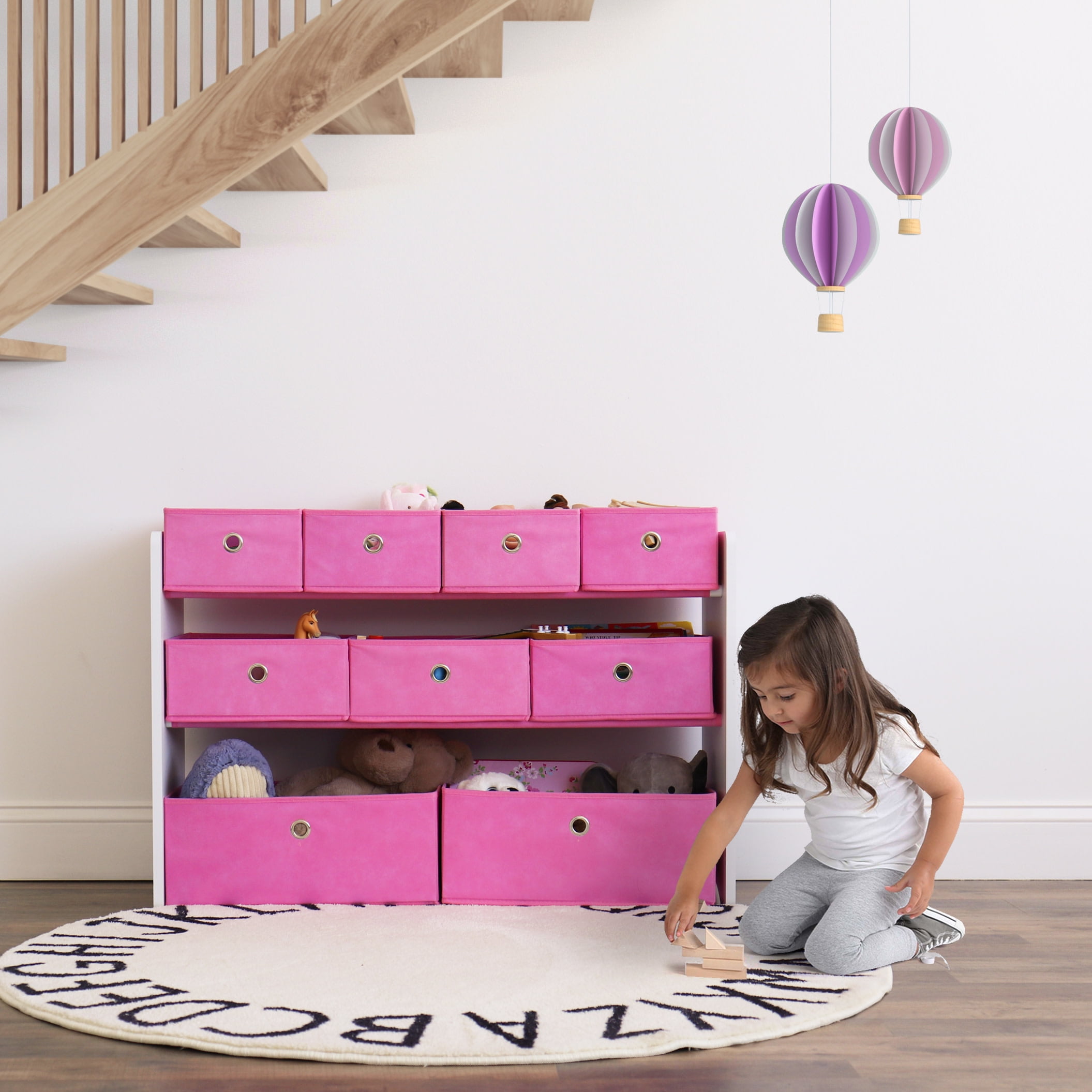 Humble Crew Kids Toy Storage Organizer with 9 Collapsible Fabric Storage Bins, White/Pink