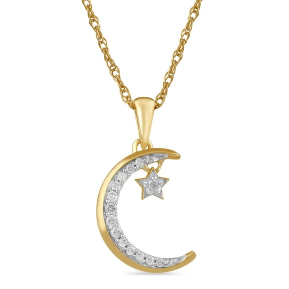Brilliance Fine Jewelry 0.1 Carat Diamond Crescent Moon And Star Pendant in 10K Yellow Gold