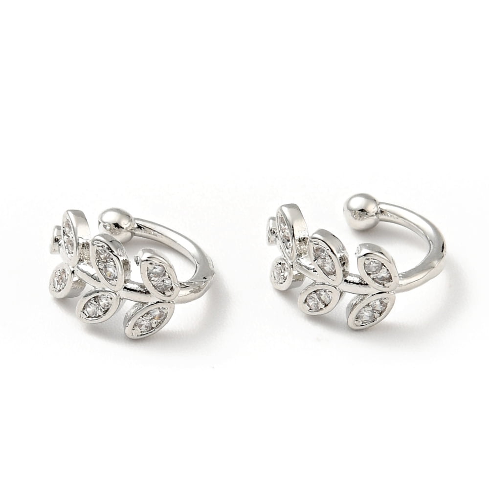 10 pair Clear Cubic Zirconia Leaf Cuff Earrings Brass Jewelry for Non-pierced Ears Cadmium Free & Lead Free Platinum 10x10.5x6mm