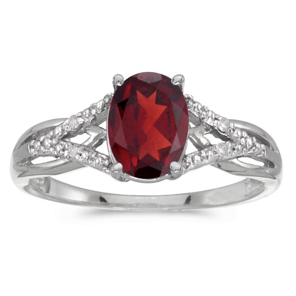 10k White Gold Oval Garnet And Diamond Ring