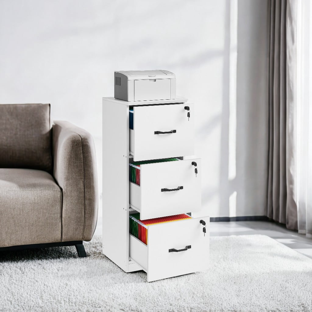 File Cabinet, Printer Stand with 3 Lockable Drawers, Adjustable Hanging Rails, Cloud White