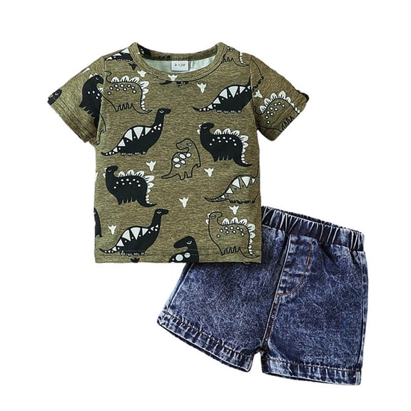 NOLDARES Toddler Baby Boys Clothes Cute Dinosaurs Print Shirt Tops Jean Shorts Pocket Outfit 2 PCS(AG,12-18 Months)