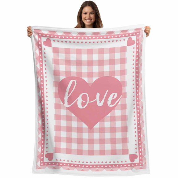 Pink Buffalo Check Plaid Love Hearts Throw Blankets, Pink White Soft Fleece Blanket Decorative for Home Sofa Couch Chair Living Bedroom, 30x40 Inches,