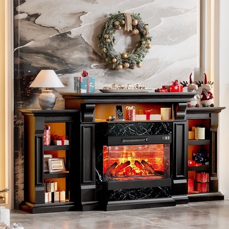 LGHM 72" Fireplace TV Stand with 3-Sided Glass Electric Fireplace & Charging Station & LED Lights for TVs up to 80", Black