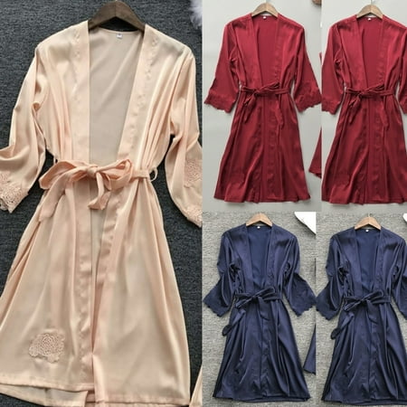 Womens Dressing - Women Sexy Long Silk Kimono Dressing Gown Bath Robe Babydoll Lingerie Nightdress