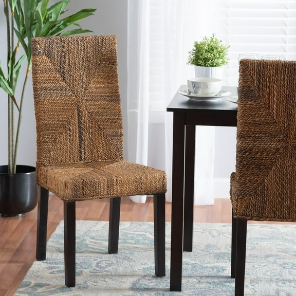 bali & pari Laymi Seagrass and Mahogany wood BOHO Dining Chair, Natural Brown