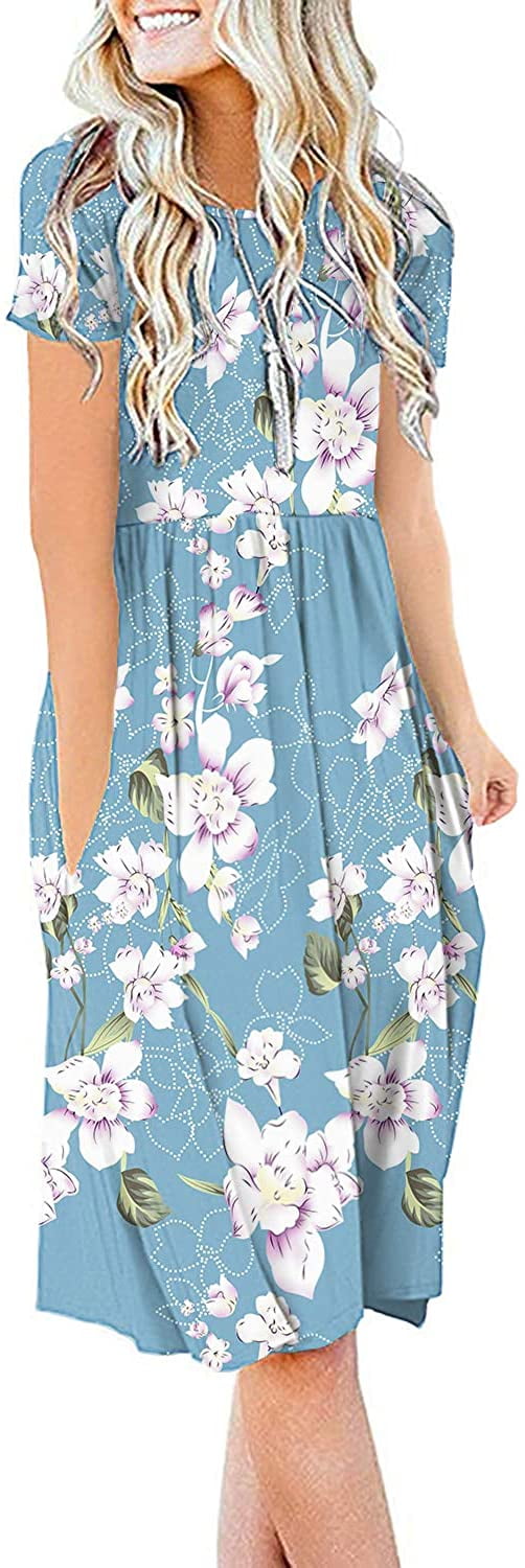 Womens Plus Size Maxi Dresses Short Sleeve Causal Summer Floral Plain Loose T Shirts Long Dress with Pockets 