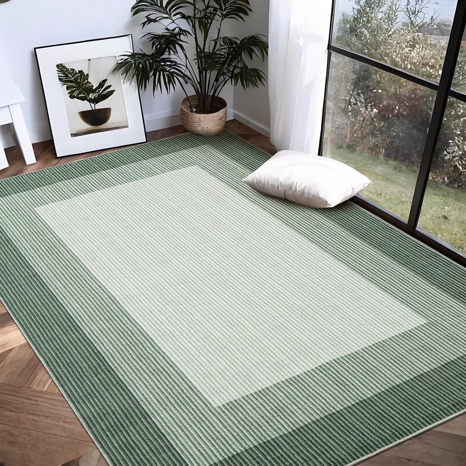 Area Rug 10x13 Modern Neutral Solid Large Machine Washable Rug for Living Room, Non-Slip Non Shedding Bordered Soft Carpet, Low Pile Foldable Printed Rug for Bedroom, Dining Room, Green