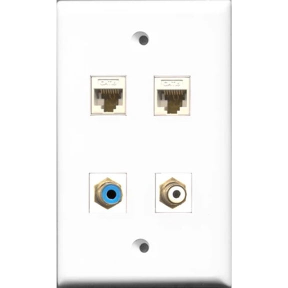 RiteAV 1 Port RCA White and 1 Port RCA Blue 2 Port Cat6 Ethernet White Wall Plate