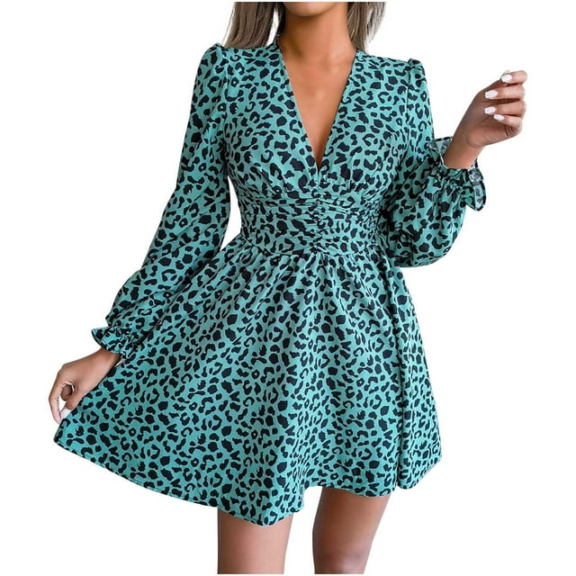 Robe à Manches Longues pour Femmes Aguichant Mode Femmes Décontractée Manches Longues Aguichant Imprimé Léopard Taille Robe Plissée Longue Robe pour Femmes Été Robe Décontractée pour Femmes Été