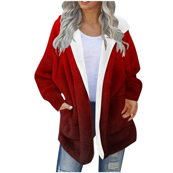 Womens Winter Sherpa Coats Fleece Lined Hooded Sweater Cardigan Oversize Fit Warm Printed Jackets with Pockets (XL, Red)