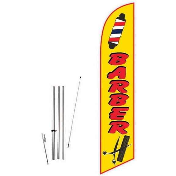 Cobb Promo Barber (Yellow) Feather Flag with Complete 15ft Pole kit and Ground Spike
