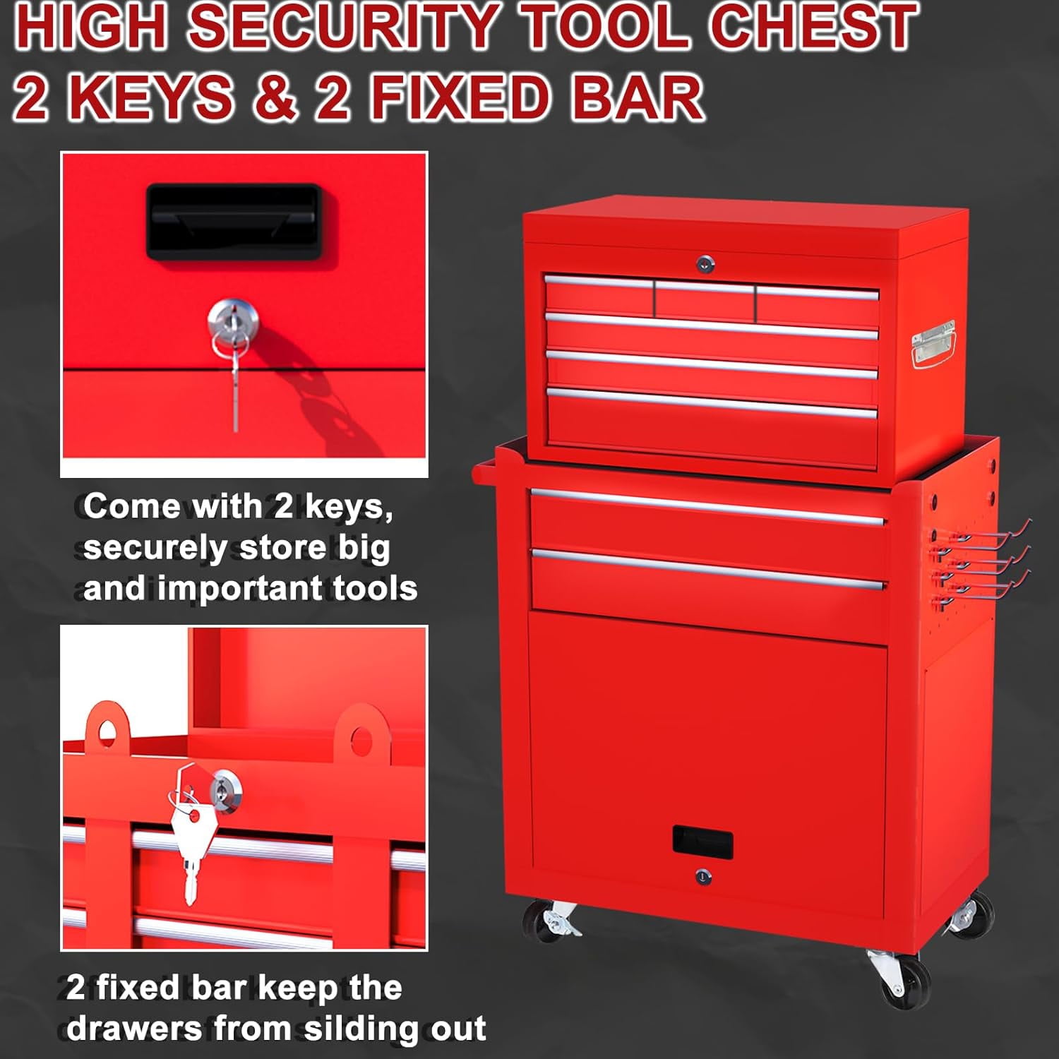 8-Drawer Rolling Tool Chest, 2-in-1 Tool Box with Wheels Metal Tool Chest Cabinet for Garage, Workshop, Red