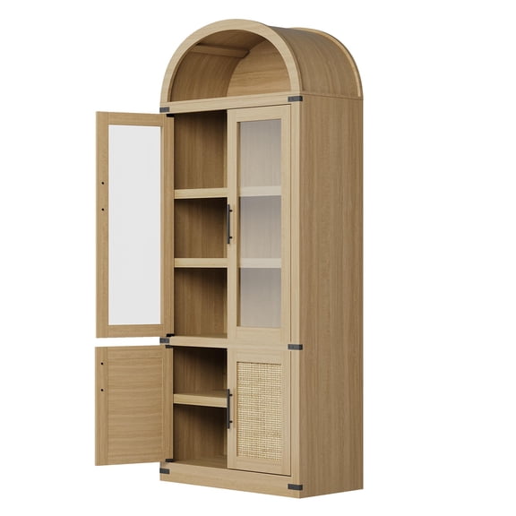 71" Tall Modern Farmhouse Arched Bookcase, 4 Glass Doors & Open Shelf – Freestanding Wooden Display Cabinet for Living Room or Bedroom, Black
